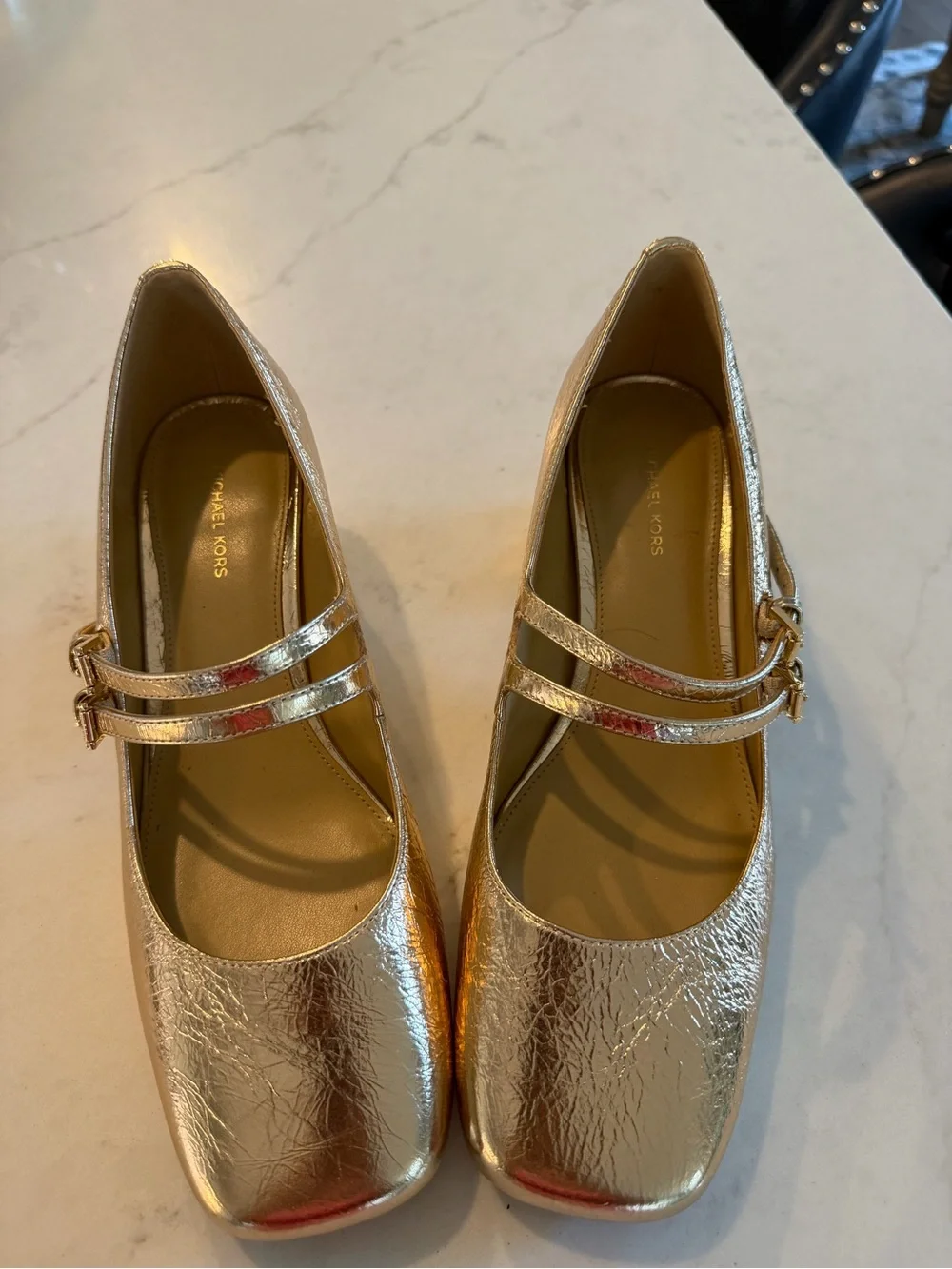Michael Kors Crinkled Gold Double-Strap Mary Jane Flats